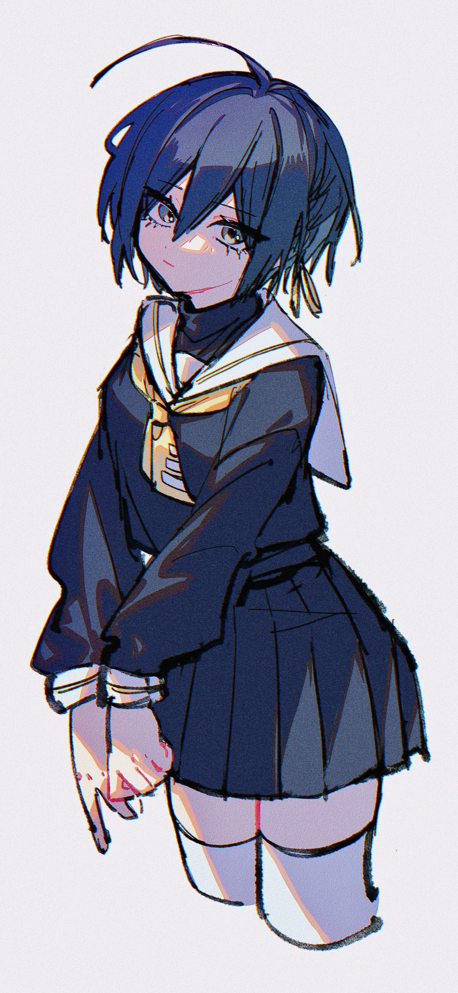 1girl ahoge black_undershirt blue_hair blue_serafuku blue_shirt blue_skirt blue_sleeves braid closed_mouth collared_shirt commentary cropped_legs danganronpa_(series) danganronpa_v3:_killing_harmony expressionless eyelashes genderswap genderswap_(mtf) grey_background hair_between_eyes hair_ribbon highres long_sleeves looking_at_viewer miniskirt neckerchief pleated_skirt puffy_long_sleeves puffy_sleeves ribbon saihara_shuichi sailor_collar school_uniform serafuku shirt short_hair side_braid simple_background skirt skirt_set solo symbol-only_commentary thighhighs turtleneck turtleneck_shirt white_sailor_collar white_thighhighs yellow_eyes yellow_neckerchief yellow_ribbon ze_ro_saiji zettai_ryouiki