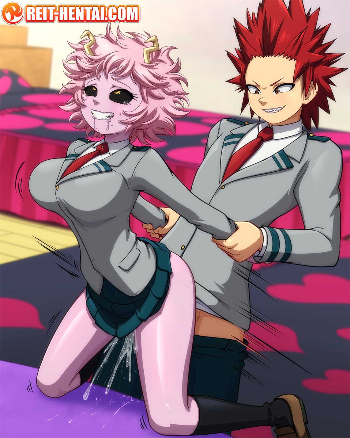 ashido_mina bodily_fluids brown_clothing brown_footwear clothing duo eijiro_kirishima female footwear from_behind_position hair hi_res horn horned_humanoid human humanoid male male/female mammal my_hero_academia pink_body pink_skin red_hair reit saliva school_uniform sex uniform