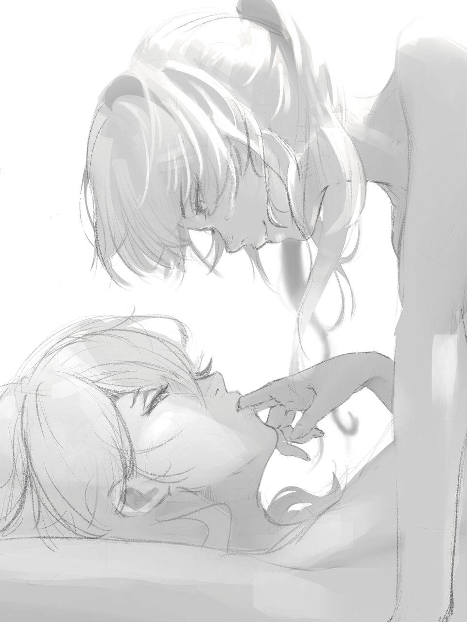 2girls closed_mouth eye_contact finger_in_another's_mouth girl_on_top greyscale highres himeko_(honkai:_star_rail) honkai:_star_rail honkai_(series) kafka_(honkai:_star_rail) ker0nit0 long_hair looking_at_another lying monochrome multiple_girls nude on_back ponytail profile smile upper_body yuri