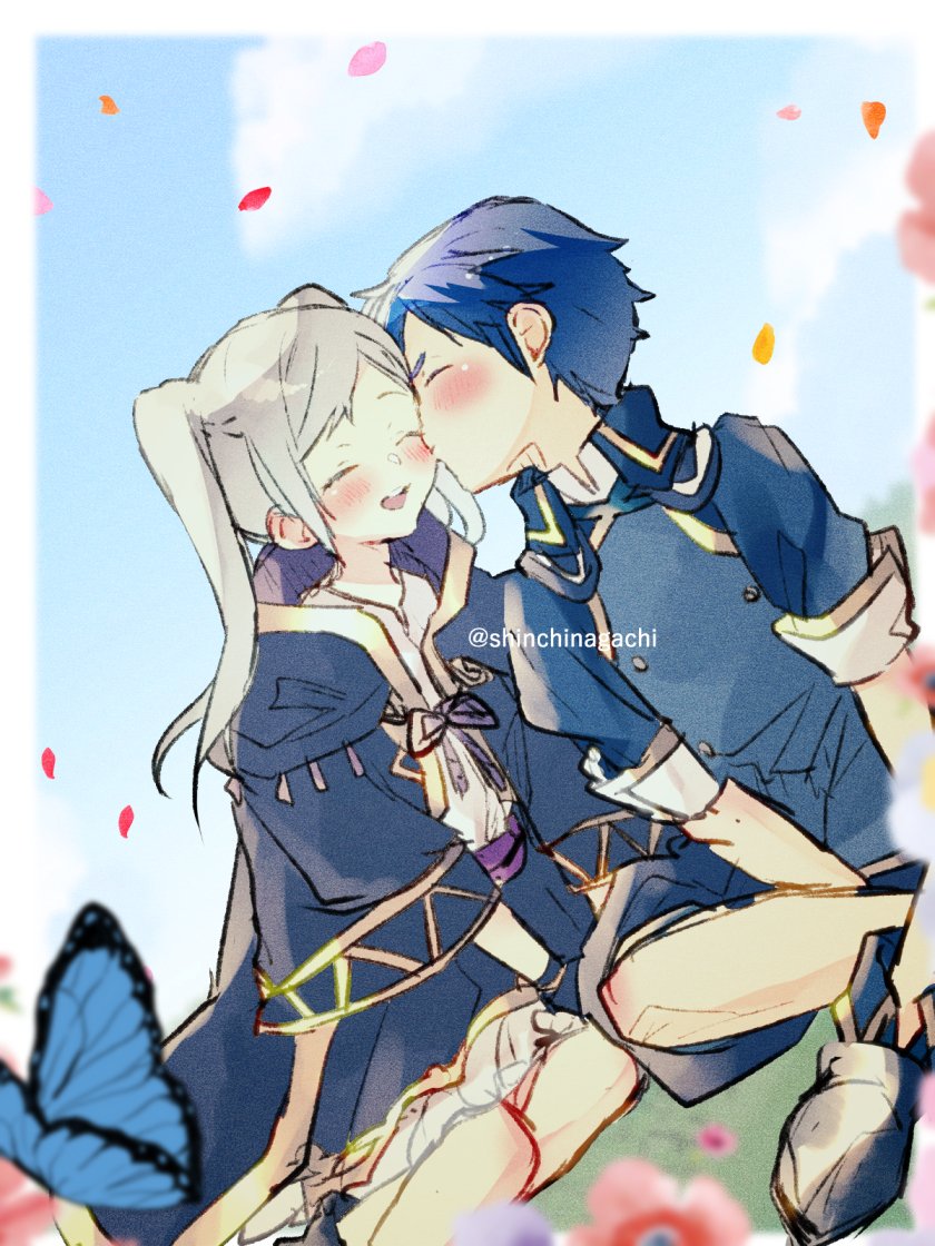 1boy 1girl aged_down blue_hair blue_sky blush chrom_(fire_emblem) coat couple fire_emblem fire_emblem_awakening fire_emblem_heroes flower grey_hair kiss kissing_cheek nishimura_(nianiamu) official_alternate_costume petals robin_(female)_(fire_emblem) robin_(fire_emblem) sitting sky smile