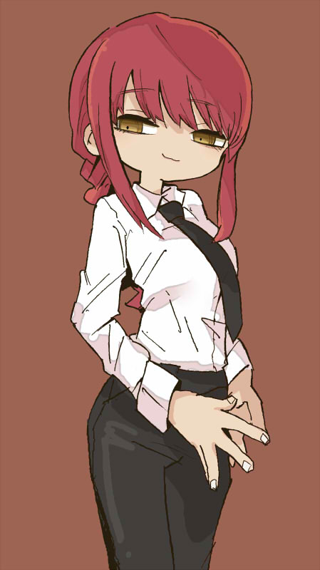 :3 black_necktie black_pants brown_background chainsaw_man deformed fingernails looking_at_viewer makima_(chainsaw_man) naaaaaaaa necktie pants red_hair shirt simple_background smirk spread_fingers standing white_shirt yellow_eyes