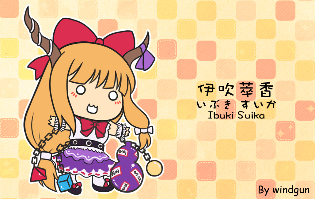 1girl artist_name black_footwear bow bowtie chain character_name english_text food gourd hair_bow horns ibuki_suika long_hair low-tied_long_hair onigiri open_mouth orange_hair purple_skirt red_bow red_bowtie shirt simple_background skirt sleeveless sleeveless_shirt socks solid_circle_eyes solo touhou very_long_hair white_shirt white_socks windgun wrist_cuffs yellow_background