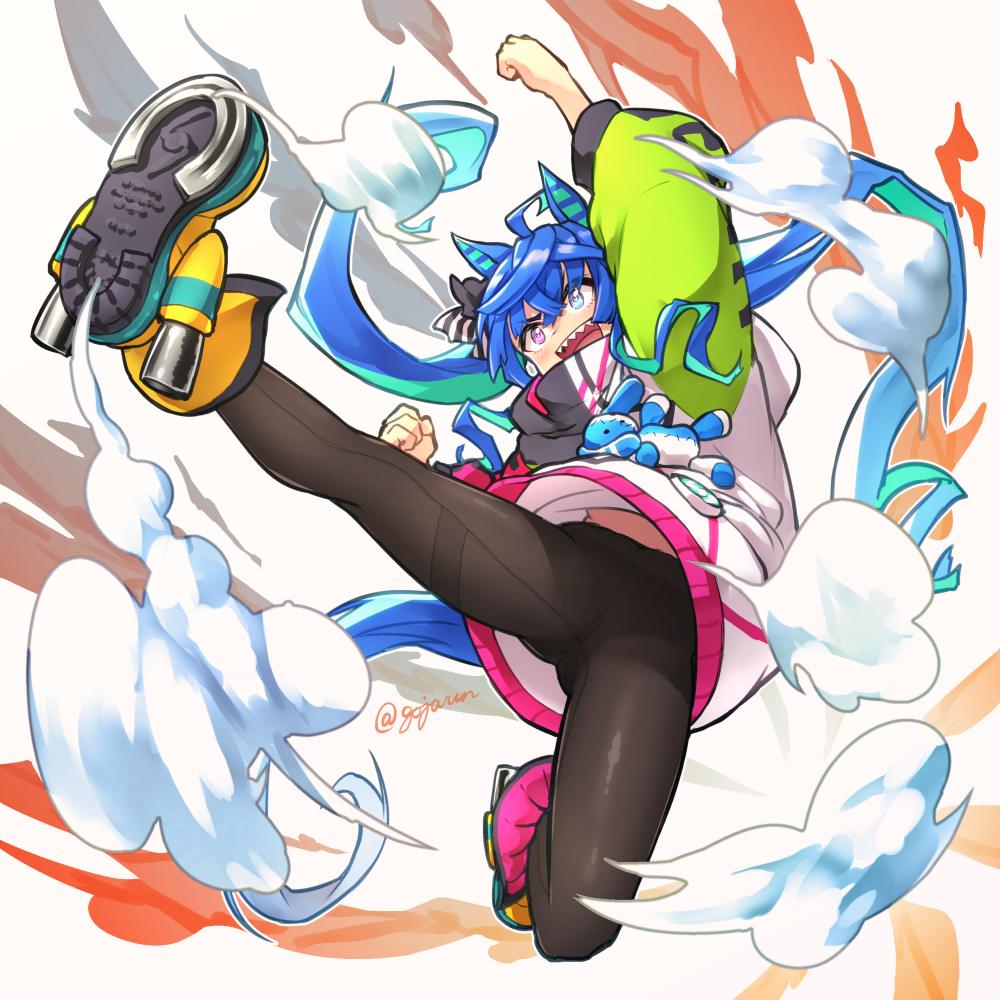 1girl ahoge animal_ears aqua_hair arm_up blue_eyes blue_hair boots bow brown_pantyhose clenched_hands commentary_request crossed_bangs crotch_seam full_body gojarun hair_between_eyes hair_bow heterochromia hood hoodie horse_ears horse_girl horse_tail legs_up long_hair long_sleeves midair midriff_peek multicolored_clothes multicolored_hair multicolored_hoodie open_mouth pantyhose purple_eyes sharp_teeth sidelocks smoke_trail solo striped_bow stuffed_animal stuffed_rabbit stuffed_toy tail teeth twin_turbo_(umamusume) twintails twitter_username two-tone_hair umamusume upper_teeth_only very_long_hair yellow_footwear