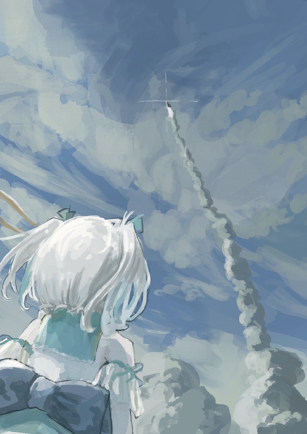 1girl back_bow blue_bow blue_ribbon blue_sky bow cloud cloudy_sky commentary_request facing_away floating_hair from_behind from_below glint hair_ribbon highres indie_virtual_youtuber launching olime_sian ribbon rocket shirt sky smoke_trail solo twintails upper_body usui_clear virtual_youtuber white_hair white_shirt