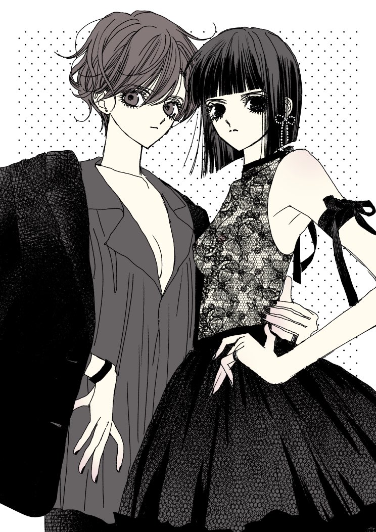 2girls bare_shoulders black_bracelet black_eyes black_nails black_skirt blunt_bangs blunt_ends breasts cleavage cowboy_shot grey_eyes grey_hair grey_shirt jewelry multiple_girls nui original ring shirt skirt sleeveless yuri