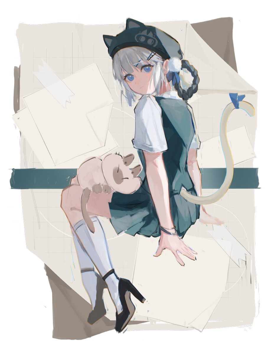 18_kawaki 1girl animal_ears bambinata_(punishing:_gray_raven) beret black_footwear black_hair blue_eyes bracelet braided_hair_rings cat_ears cat_tail green_hat green_jacket green_skirt hair_ornament hairclip hat heart heart-shaped_pupils high_heels jacket jewelry multicolored_hair official_alternate_costume pleated_skirt pom_pom_hat_ornament punishing:_gray_raven shirt short_sleeves skirt sleeveless sleeveless_jacket socks solo symbol-shaped_pupils tail two-tone_hair white_hair white_pom_poms white_shirt white_socks