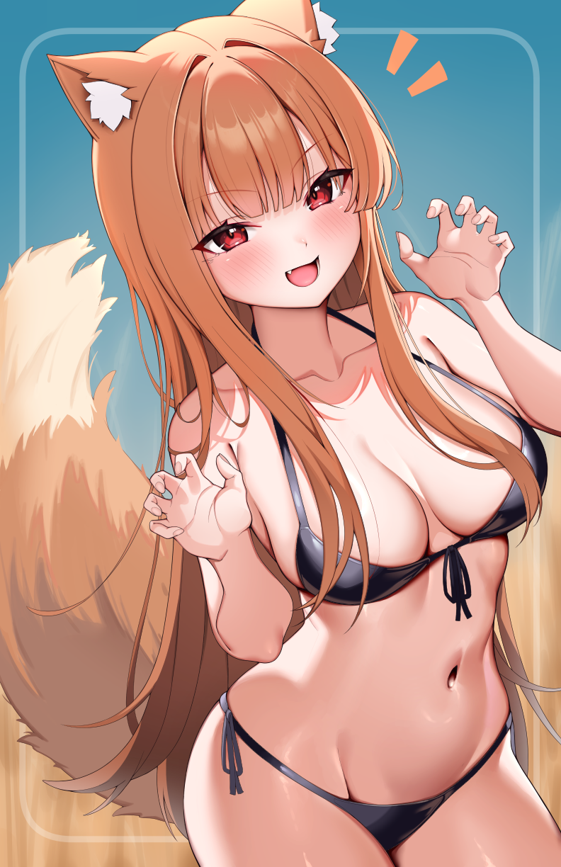 1girl animal_ears bikini black_bikini blush breasts brown_hair fang front-tie_bikini_top front-tie_top highres holo kaptivate large_breasts long_hair looking_at_viewer navel red_eyes side-tie_bikini_bottom smile solo spice_and_wolf swimsuit tail wolf_ears wolf_girl wolf_tail