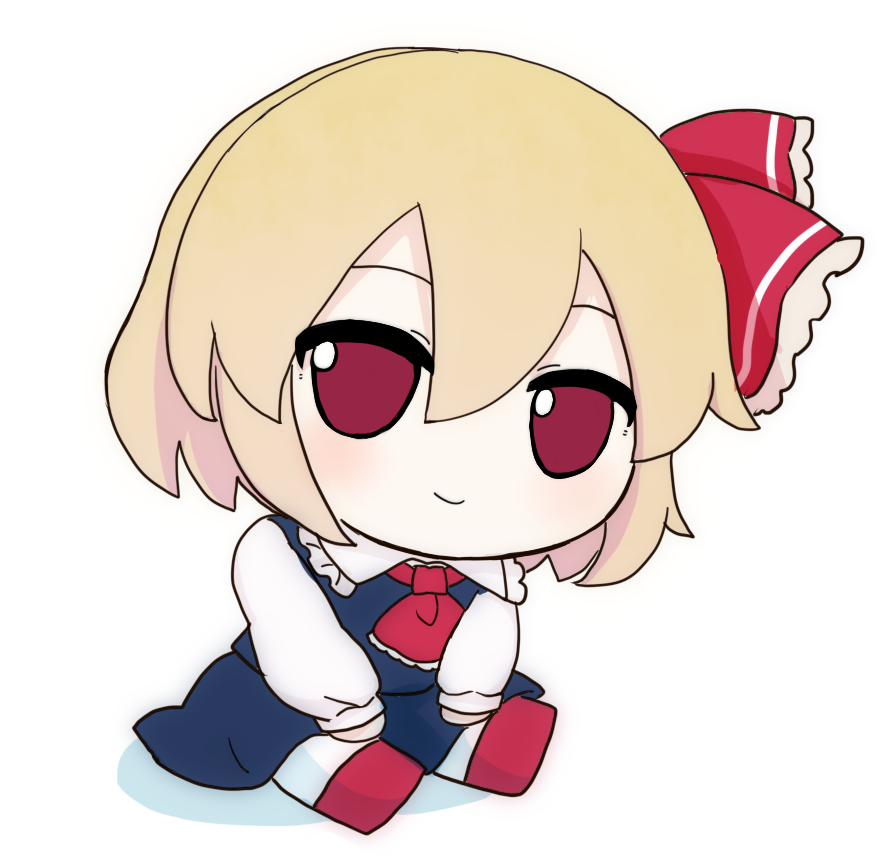 ascot black_skirt black_vest blonde_hair bow chibi collared_shirt fumo_(doll) hair_bow hair_ornament light_blush looking_at_viewer on_ground red_ascot red_bow red_eyes rei_(tonbo0430) rumia shirt short_hair skirt skirt_set smile solo tagme touhou vest white_background white_shirt