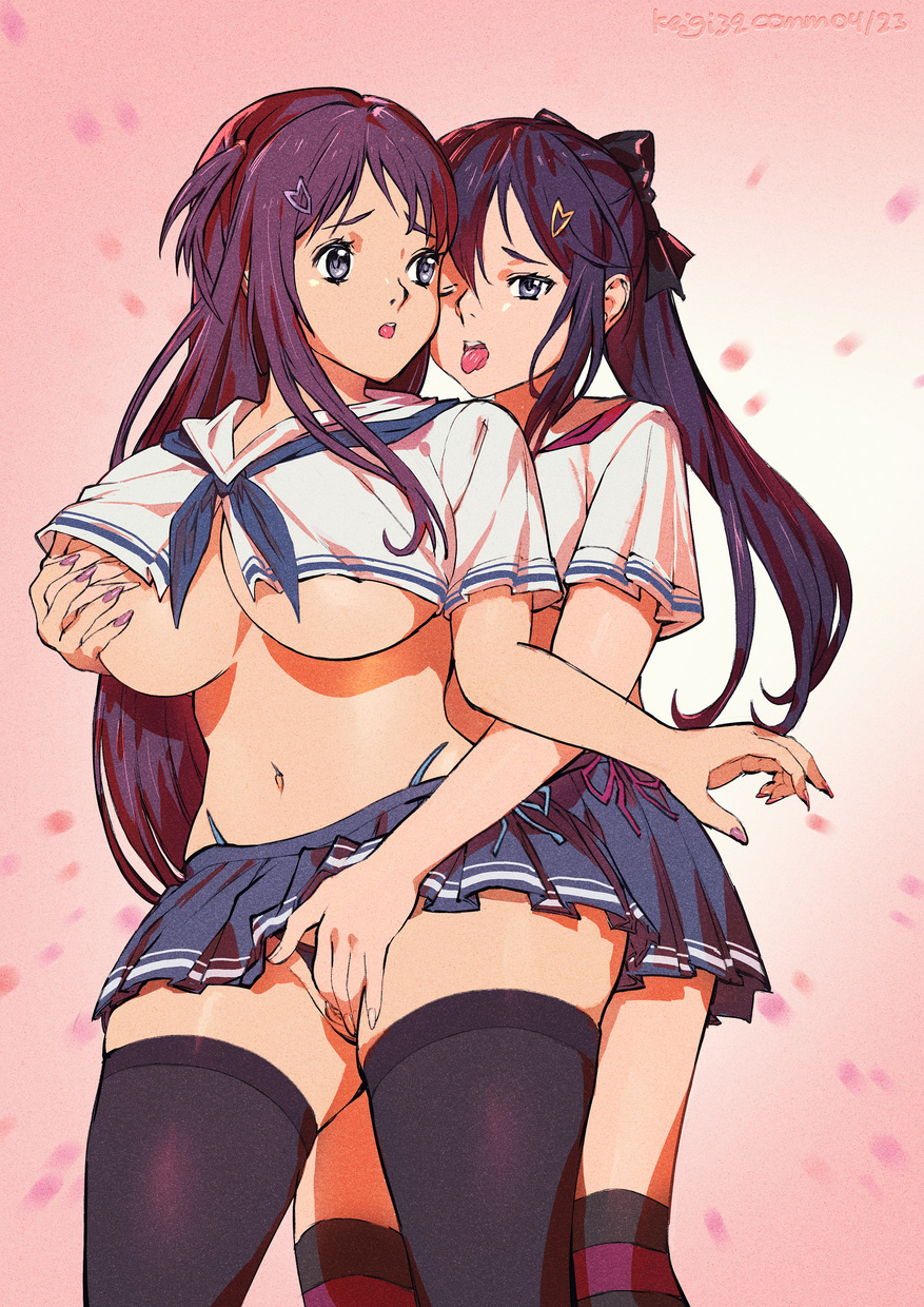 2girls blue_eyes blush bow breasts clothed_masturbation cropped_shirt crotch_rub curvy female_masturbation fingering fingering_through_clothes grabbing grabbing_another's_breast grabbing_from_behind groping guiding_hand hair_bow hair_ornament hairclip hand_in_panties highres incest kagurazaka_ranka kagurazaka_rinka keigi large_breasts long_hair masturbation masturbation_through_clothes midriff multicolored_stripes multiple_girls navel open_mouth panties ponytail purple_eyes purple_hair school_uniform serafuku shirt siblings sisters skirt through_clothes tied_shirt underwear valkyrie_drive valkyrie_drive_-bhikkhuni- yuri