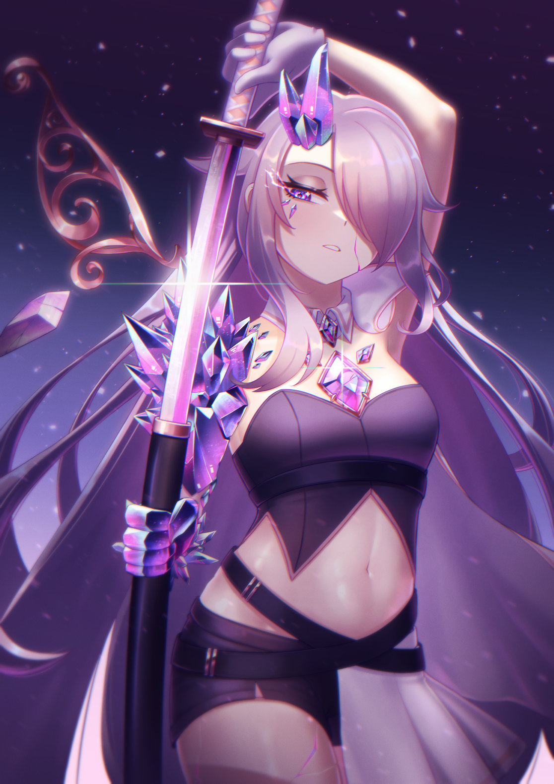 1girl alternate_costume blush breasts chest_jewel cipher4109 commentary gem grey_hair hair_over_one_eye highres holding holding_sword holding_weapon hololive hololive_english jewel_under_eye katana koseki_bijou long_hair looking_at_viewer material_growth midriff multicolored_hair navel purple_eyes purple_gemstone revision sword virtual_youtuber weapon