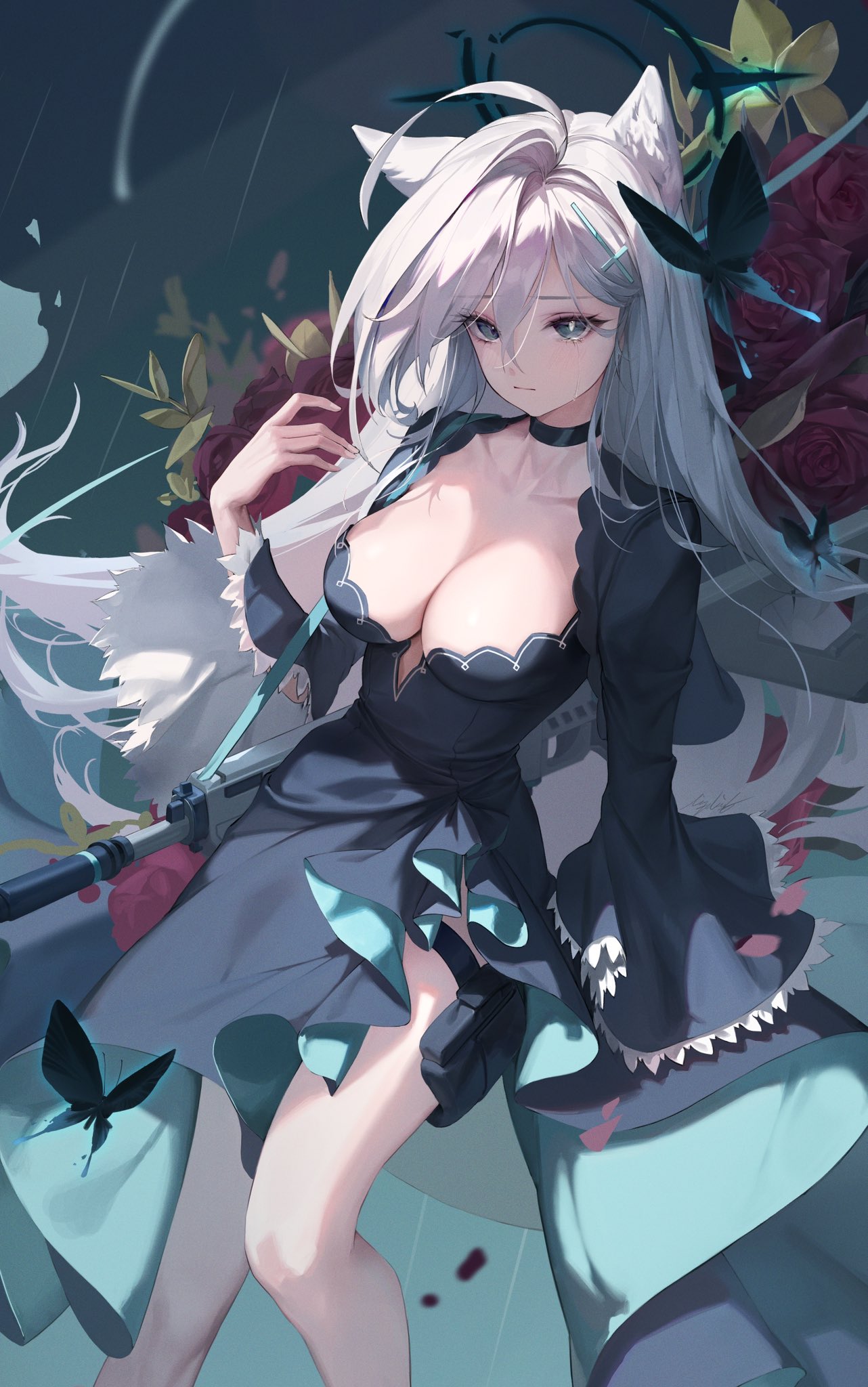 1girl :/ ahoge animal_ears assault_rifle black_choker black_dress black_halo blue_archive breasts broken_halo choker cleavage closed_mouth collarbone cowboy_shot cross cross_hair_ornament dark_halo dress floral_background flower grey_eyes grey_hair gun hair_ornament halo high-low_skirt highres holster inverted_cross korean_commentary large_breasts lizchief long_hair low_neckline mismatched_pupils red_flower red_rose rifle rose shiroko_(blue_archive) shiroko_terror_(blue_archive) sig_556 solo thigh_holster weapon wide_sleeves wolf_ears wolf_girl