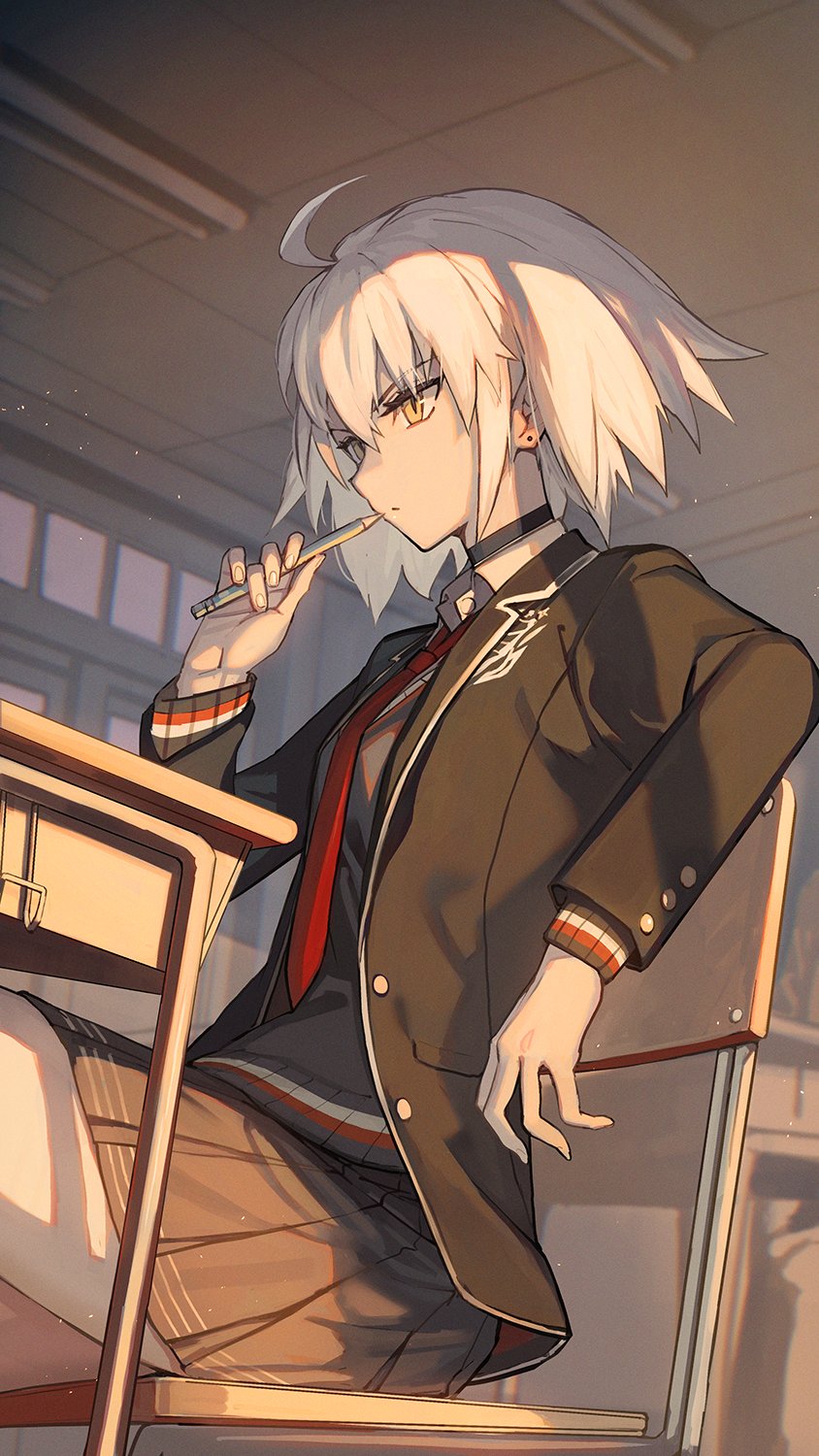 1girl ahoge black_choker black_jacket black_skirt blue_sweater chair choker chromatic_aberration classroom closed_mouth collared_shirt crossed_legs desk earrings elbow_rest fate/grand_order fate_(series) hair_between_eyes highres holding holding_pencil indoors jacket jeanne_d'arc_alter_(avenger)_(fate) jeanne_d'arc_alter_(fate) jewelry lack light_particles long_sleeves looking_ahead necktie open_clothes open_jacket pencil pleated_skirt red_necktie school_chair school_desk school_uniform shirt short_hair sitting skirt solo sweater white_hair white_shirt wing_collar yellow_eyes