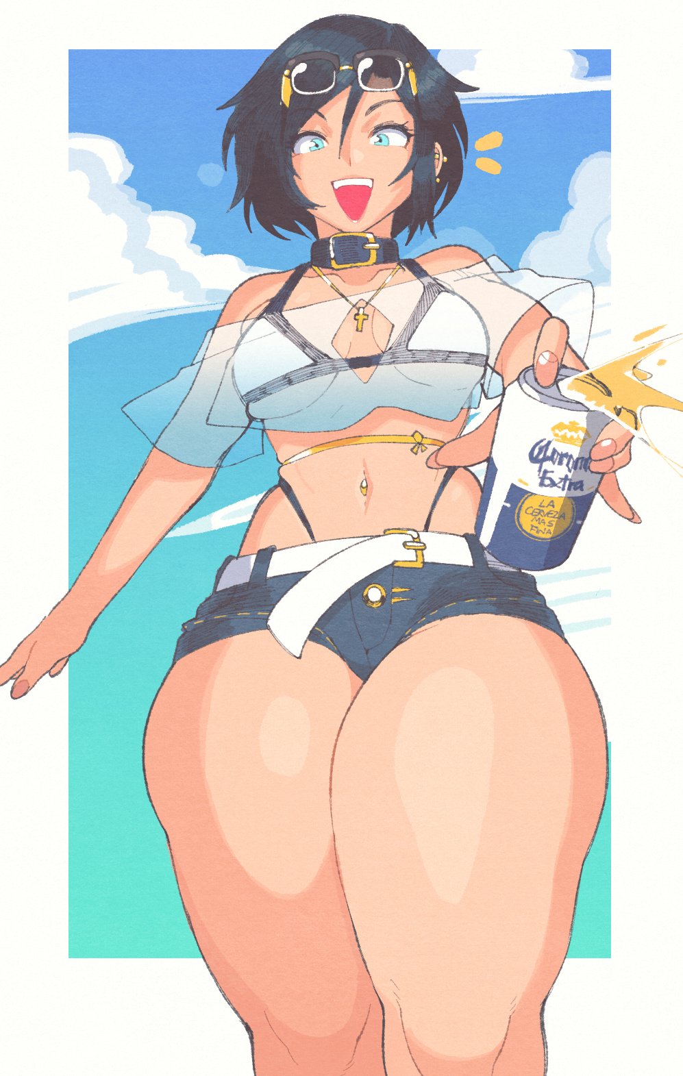 1girl aqua_eyes barbell_piercing beer_can belt bikini bikini_under_clothes black-framed_eyewear black_collar black_hair blue_sky borrowed_character breasts can cloud collar corona_(brand) cropped_shirt cross cross_necklace denim denim_shorts drink_can english_commentary eyewear_on_head fingernails highleg highleg_bikini highres inkerton-kun jewelry looking_at_viewer medium_breasts navel_piercing necklace off-shoulder_shirt off_shoulder open_mouth original piercing product_placement second-party_source see-through see-through_shirt shirt short_hair short_shorts shorts skindentation sky sol_(rollingroly) solo standing swimsuit teeth thick_thighs thighs underboob upper_teeth_only white_belt