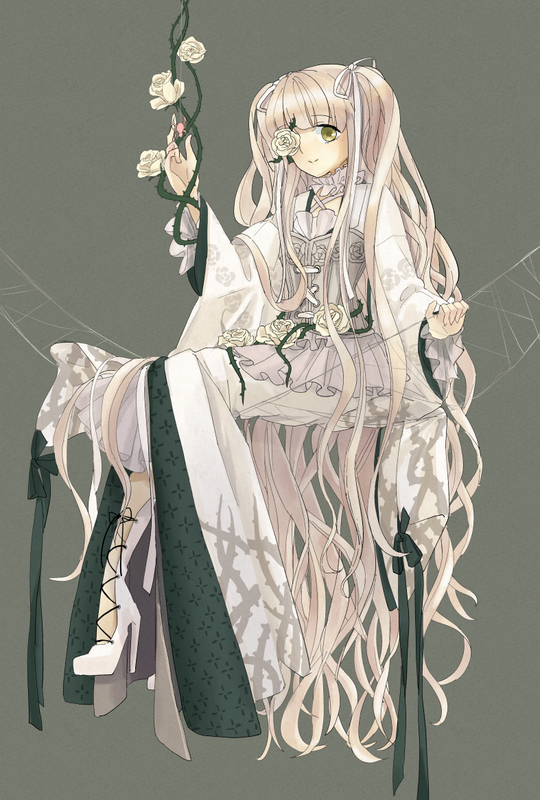 1girl blonde_hair blunt_bangs boots bug camisole closed_mouth commentary_request cross-laced_footwear dress flat_chest flower flower_over_eye full_body grey_background grey_camisole high_heel_boots high_heels kirakishou lace-up_boots lolita_fashion long_dress long_hair looking_at_viewer medium_bangs plant rose rozen_maiden sidelocks sitting smile solo spider two_side_up very_long_hair vines wavy_hair white_dress white_flower white_footwear white_rose yellow_eyes yumu35