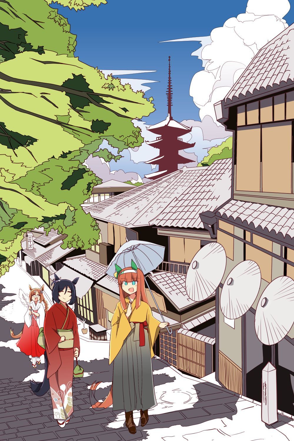 3girls alternate_costume animal_ears black_hair blue_eyes braid braided_ponytail building commentary_request ear_covers ear_ornament highres holding horse_ears horse_girl horse_tail ikuno_dictus_(umamusume) japanese_clothes kimono long_hair miko multiple_girls obi oil-paper_umbrella open_mouth orange_hair outdoors ponytail red_kimono round_eyewear sash smile tabi tail umamusume umbrella wahiko_(black_bastard)