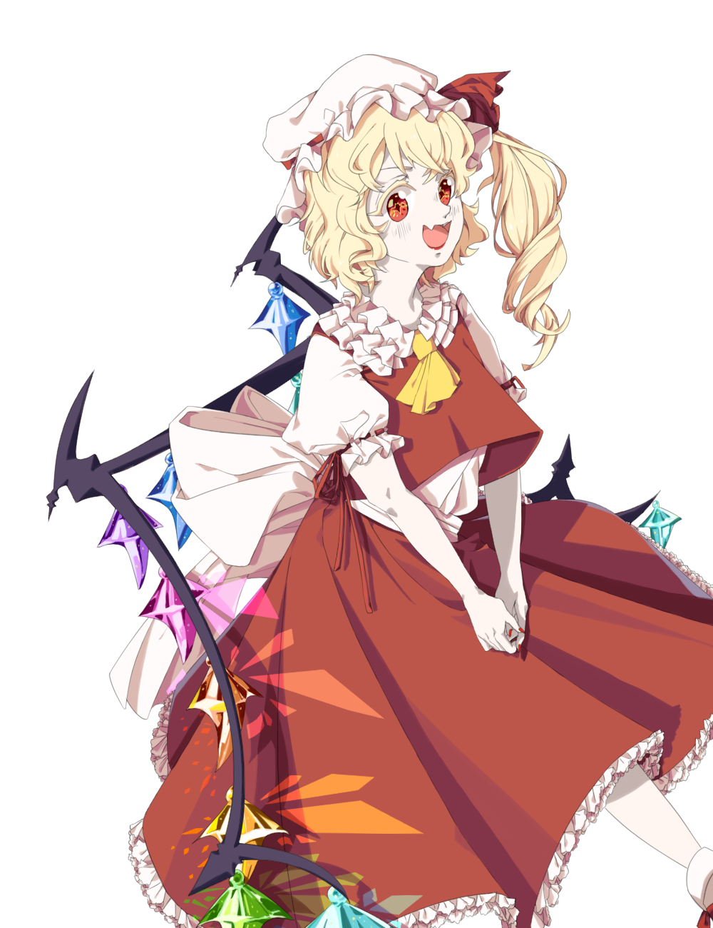 1girl ascot back_bow blonde_hair bow crystal fang feet_out_of_frame flandre_scarlet frilled_skirt frilled_sleeves frills hat highres huge_bow ikeda_inko large_bow long_hair long_skirt mob_cap multicolored_wings nail_polish one_side_up open_mouth own_hands_together puffy_short_sleeves puffy_sleeves red_eyes red_nails red_ribbon red_skirt red_vest ribbon ribbon-trimmed_sleeves ribbon_trim shirt short_sleeves simple_background skin_fang skirt skirt_set socks solo touhou vest white_background white_bow white_hat white_shirt white_socks wings yellow_ascot