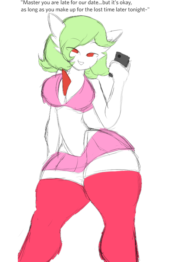 bottomwear breasts cleavage clothed clothing dialogue doctordongass electronics female gardevoir generation_3_pokemon green_hair hair holding_object holding_phone humanoid legwear looking_at_viewer nintendo phone pink_bottomwear pink_clothing pink_legwear pink_skirt pink_thigh_highs pink_topwear pokemon pokemon_(species) red_eyes short_hair simple_background skirt small_waist solo talking_to_viewer text thick_thighs thigh_highs topwear white_background wide_hips