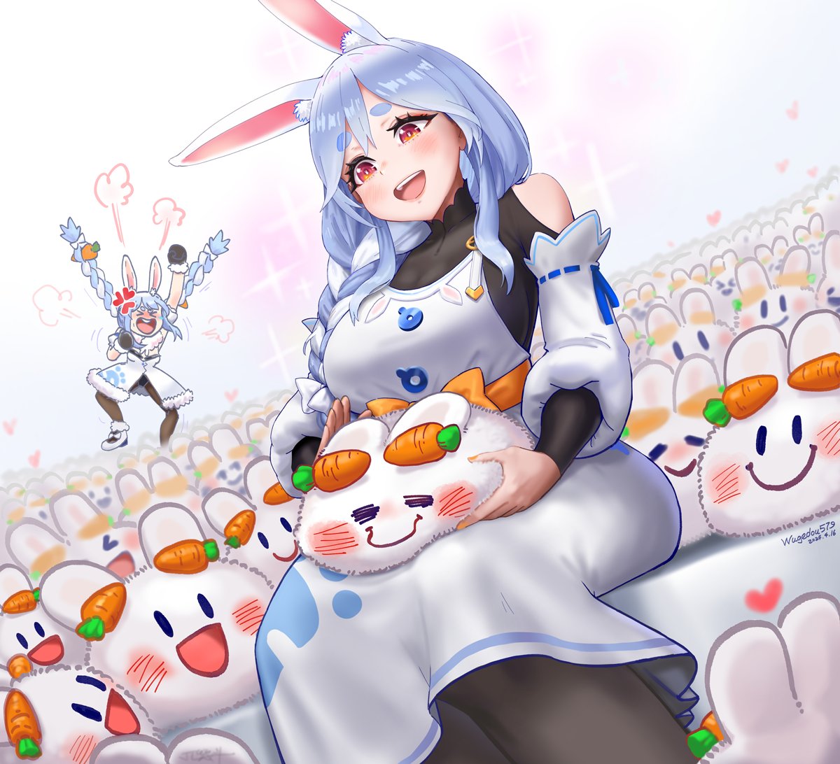 2girls angry animal_ear_fluff animal_ears blue_hair braid breasts carrot carrot_hair_ornament food-themed_hair_ornament hair_ornament hololive jealous long_hair looking_at_viewer mature_female mother_and_daughter multicolored_hair multiple_girls open_mouth pekomama pekomon_(usada_pekora) rabbit-shaped_pupils rabbit_ears rabbit_girl short_eyebrows smile surrounded symbol-shaped_pupils thick_eyebrows twin_braids twintails two-tone_hair usada_pekora usada_pekora_(1st_costume) virtual_youtuber white_hair wugedou