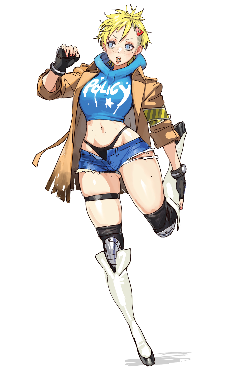 1girl alternate_hair_length alternate_hairstyle armband asymmetrical_hair black_gloves black_panties blonde_hair blue_eyes blue_hoodie blue_shorts boots breasts brown_coat casual clothes_writing coat concept_art conto cropped_hoodie cutoffs drawstring earclip english_commentary english_text final_fight_tough fingerless_gloves fingernails freckles gloves highleg highleg_panties highres hood hoodie knee_boots knee_pads long_legs lucia_morgan medium_breasts midriff mole mole_under_eye navel official_alternate_costume official_alternate_hairstyle panties piercing platform_boots platform_footwear red_nails short_hair shorts sidecut skindentation sleeves_pushed_up solo standing standing_on_one_leg street_fighter street_fighter_v stretching thigh_strap toned tongue_piercing torn_clothes torn_coat underbutt undercut underwear white_footwear