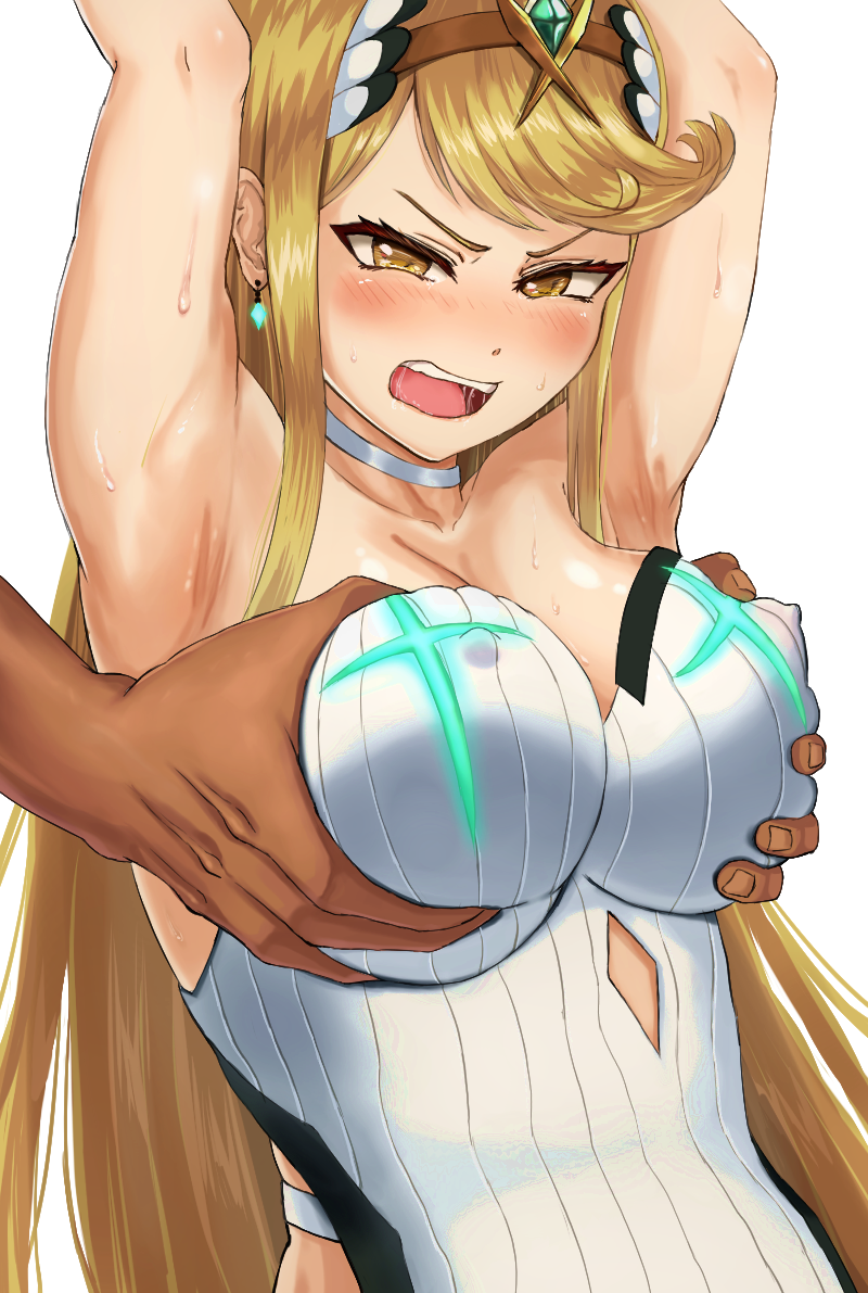 1boy 1girl armpits arms_up blonde_hair breasts circlet covered_nipples dark-skinned_male dark_skin earrings grabbing grabbing_another's_breast grabbing_from_behind hetero jewelry large_breasts long_hair mythra_(radiant_beach)_(xenoblade) mythra_(xenoblade) nebitora netorare one-piece_swimsuit open_mouth simple_background swimsuit teeth textless_version upper_body upper_teeth_only v-shaped_eyebrows very_long_hair white_background white_one-piece_swimsuit xenoblade_chronicles_(series) xenoblade_chronicles_2 yellow_eyes