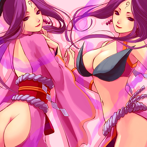 artist_request ass ass_cutout breasts butt_crack cleavage large_breasts lowres no_panties ookami_(game) purple_eyes purple_hair sakuya_(ookami)