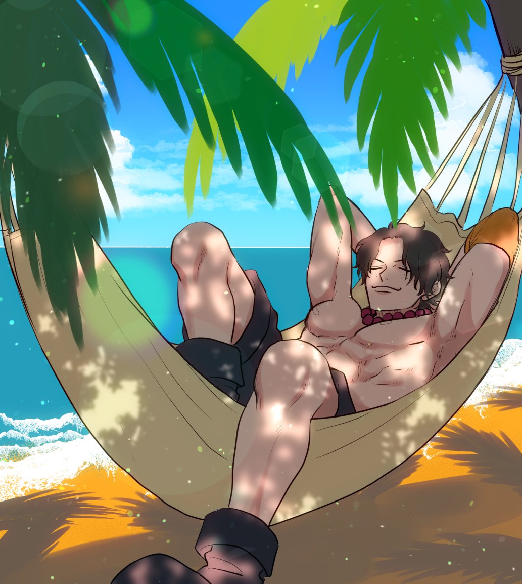 1boy abs arms_behind_head black_hair black_shorts boots closed_eyes commentary_request freckles hammock jewelry male_focus necklace nrrn03 ocean one_piece pearl_necklace portgas_d._ace shadow short_hair shorts single_shoulder_pad sky solo topless_male tree