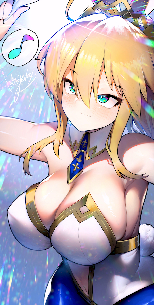 animal_ears artoria_pendragon_(all) artoria_pendragon_(lancer) artoria_pendragon_(swimsuit_ruler)_(fate) bangs blonde_hair blue_legwear blue_neckwear braid breasts bunny_ears bunny_girl bunnysuit detached_collar fate/grand_order fate_(series) french_braid green_eyes hair_between_eyes highleg highleg_leotard highres large_breasts leotard musical_note navel_cutout nichigeckoh spoken_musical_note swept_bangs tiara white_leotard wrist_cuffs