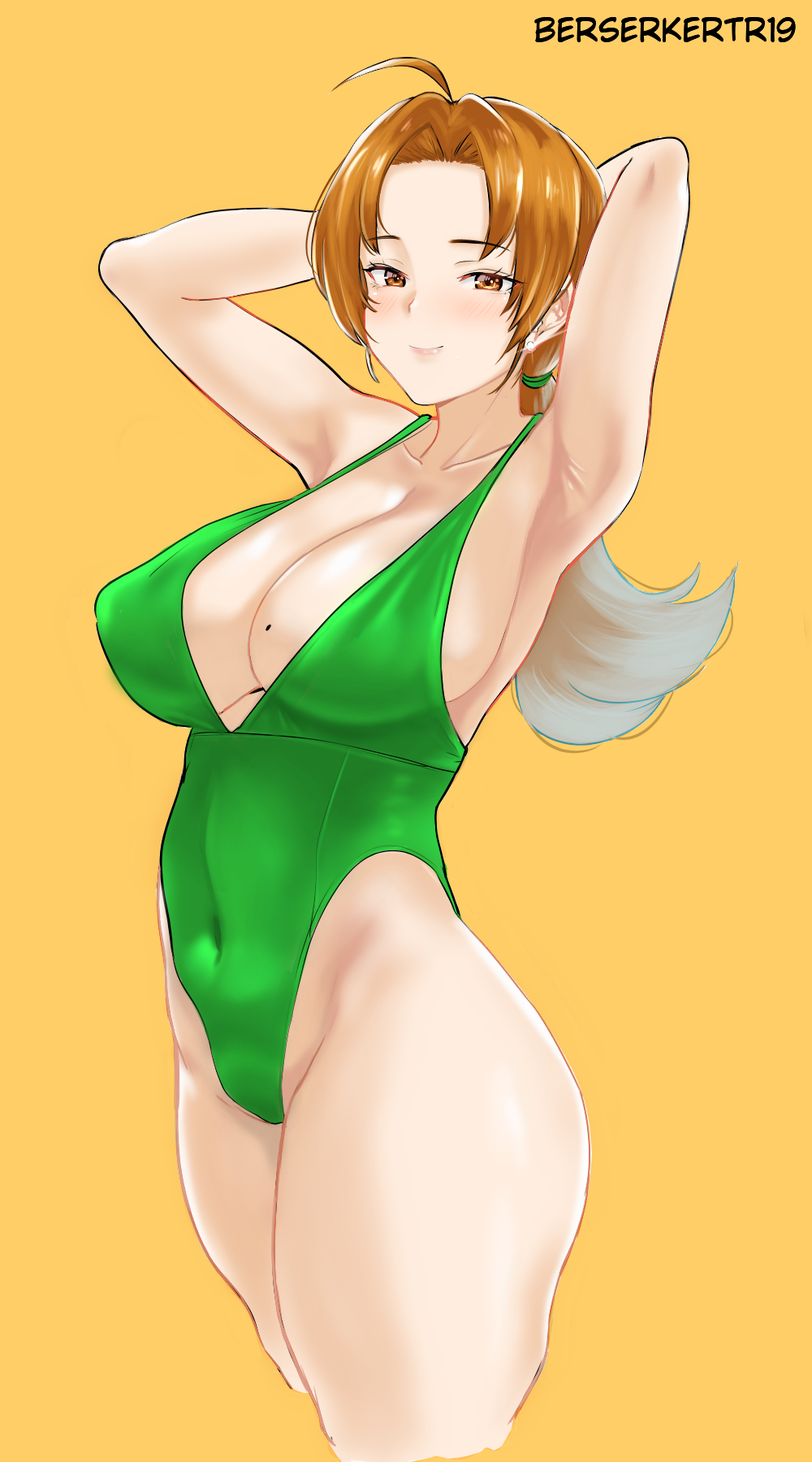 1girl ahoge arms_behind_head arms_up artist_name bangs berserkert blush breasts brown_eyes brown_hair cleavage earrings green_swimsuit hanako_(pokemon) highres jewelry large_breasts long_hair looking_at_viewer mature mole mole_on_breast one-piece_swimsuit parted_bangs pokemon pokemon_(anime) ponytail simple_background smile solo swimsuit thick_thighs thighs yellow_background
