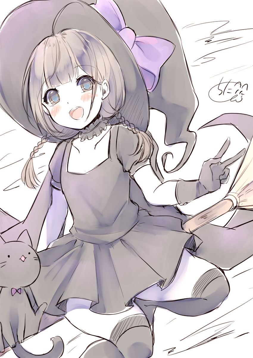 1girl :&lt;&gt; :d animal bangs black_cat black_dress black_gloves black_hair black_headwear black_legwear blue_eyes blush bow braid broom broom_riding cat chita_(ketchup) collarbone commentary_request dress eyebrows_visible_through_hair feet_out_of_frame gloves hat hat_bow highres long_hair low_twintails open_mouth original puffy_short_sleeves puffy_sleeves purple_bow short_sleeves signature smile solo thighhighs twin_braids twintails v white_background witch witch_hat