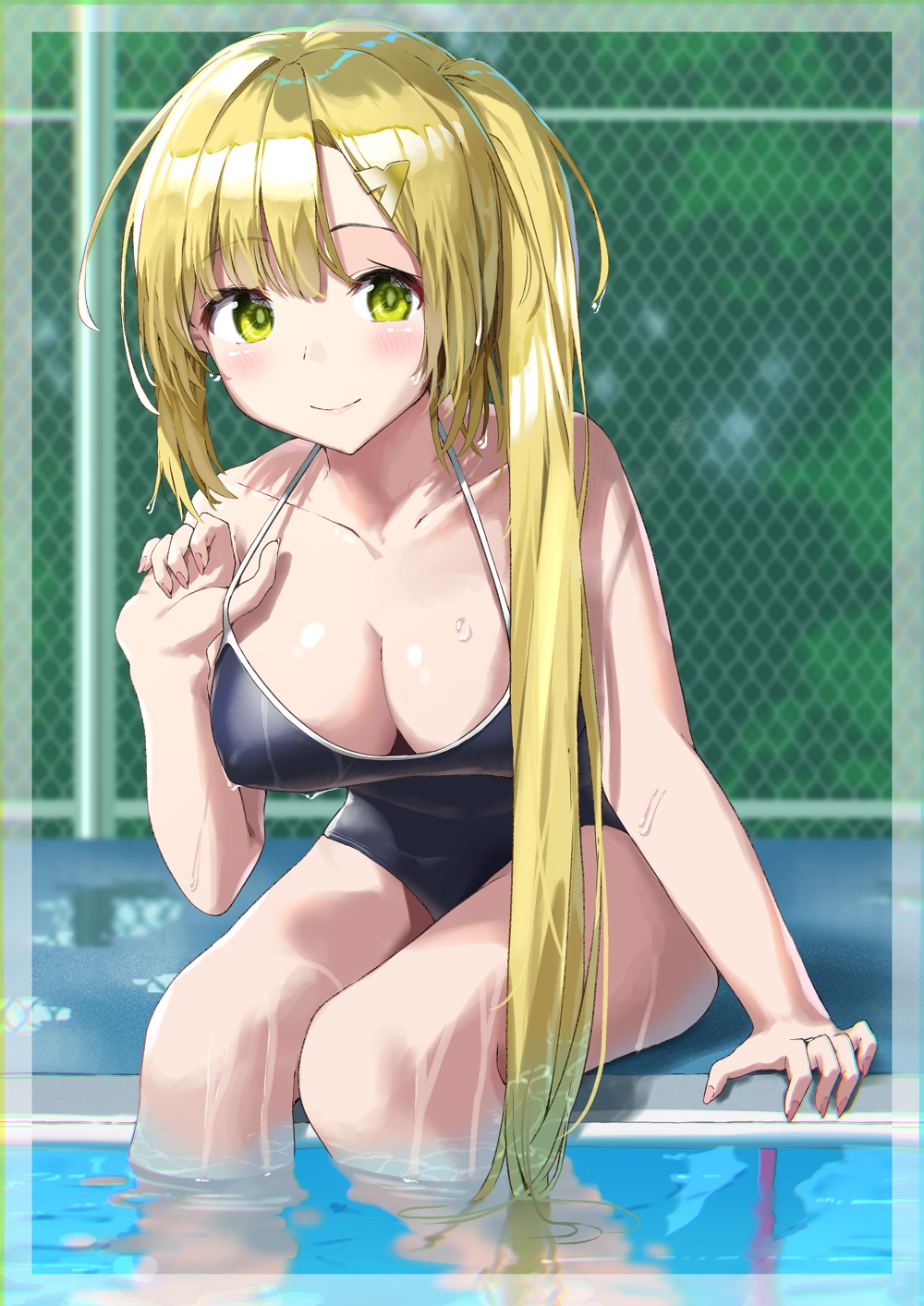 1girl bangs bare_shoulders black_swimsuit blonde_hair blush breasts chain-link_fence cleavage closed_mouth collarbone competition_school_swimsuit dripping droplet eyebrows_visible_through_hair feet_out_of_frame fence green_eyes hair_ornament hairclip hand_under_clothes hand_under_swimsuit highres large_breasts leaning_forward long_hair looking_at_viewer magia_record:_mahou_shoujo_madoka_magica_gaiden mahou_shoujo_madoka_magica noeru one-piece_swimsuit outdoors pool poolside side_ponytail sitting sleeveless smile solo swimsuit very_long_hair water wet yusa_hazuki