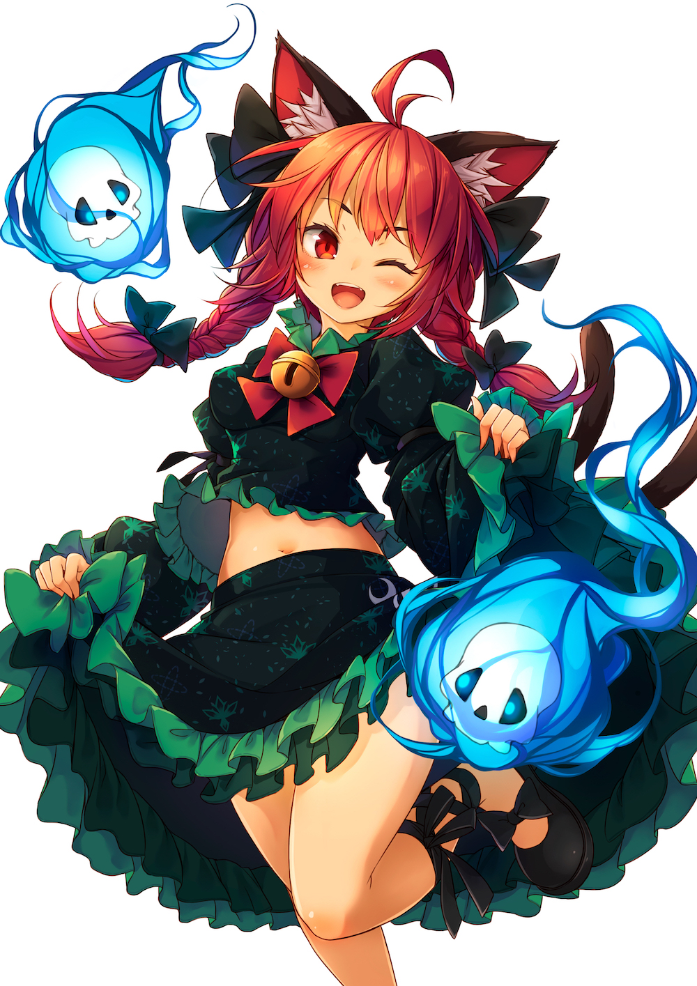 .sin 1girl ;d ahoge animal_ear_fluff animal_ears bell black_footwear bow bowtie braid cat_ears cat_tail frilled_skirt frills green_bow green_shirt green_skirt hair_bow highres juliet_sleeves kaenbyou_rin long_hair long_sleeves looking_at_viewer midriff multiple_tails navel one_eye_closed open_mouth puffy_sleeves red_eyes red_hair red_neckwear shirt shoes simple_background skirt skirt_hold skull smile solo standing standing_on_one_leg tail touhou twin_braids two_tails white_background