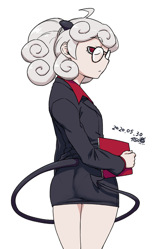 1girl ahoge ass black_horns black_miniskirt black_tail business_suit collared_shirt curly_hair dated demon_girl demon_horns flat_ass flat_chest formal from_behind glasses helltaker holding_notepad horns looking_at_viewer looking_back medium_hair miniskirt pandemonica_(helltaker) pantylines pince-nez prehensile_tail red_eyes red_shirt round_eyewear shirt signature silver_hair skirt skirt_suit solo suit tail tsukudani_(coke-buta)