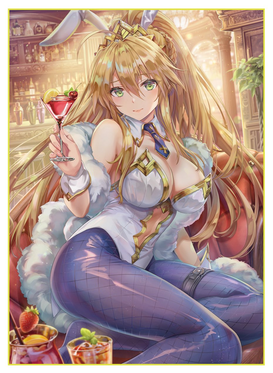 1girl alcohol animal_ears artoria_pendragon_(all) artoria_pendragon_(lancer) artoria_pendragon_(swimsuit_ruler)_(fate) bangs blonde_hair breasts bunny_ears bunny_tail bunnysuit cherry cleavage closed_mouth cocktail cocktail_glass cup detached_collar drinking_glass fake_animal_ears fate/grand_order fate_(series) fingernails fishnets food fruit green_eyes highres holding indoors jewelry large_breasts lemon lemon_slice leotard lips long_hair navel pantyhose ponytail shiny shiny_clothes shiny_hair sitting solo stomach strapless strapless_leotard tail thigh_strap tiara tied_hair torino_akua wrist_cuffs