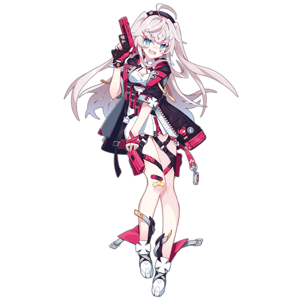 1girl :d ahoge bandaid bandaid_on_knee bangs beret boot_straps boots breasts cleavage coat dress eyebrows_visible_through_hair facial_mark fangs fingerless_gloves floating_hair full_body girls_frontline gloves grey_hair gun h&amp;k_p30 hair_ornament hairclip handgun hat heart heckler_&amp;_koch holding holding_gun holding_weapon holster hood hood_down hooded_coat litsvn medium_breasts multiple_straps official_art open_clothes open_coat open_mouth p30_(girls_frontline) pink_gloves pistol short_dress sidelocks single_glove smile solo standing thigh_holster thigh_strap thighs transparent_background trigger_discipline two_side_up weapon white_footwear