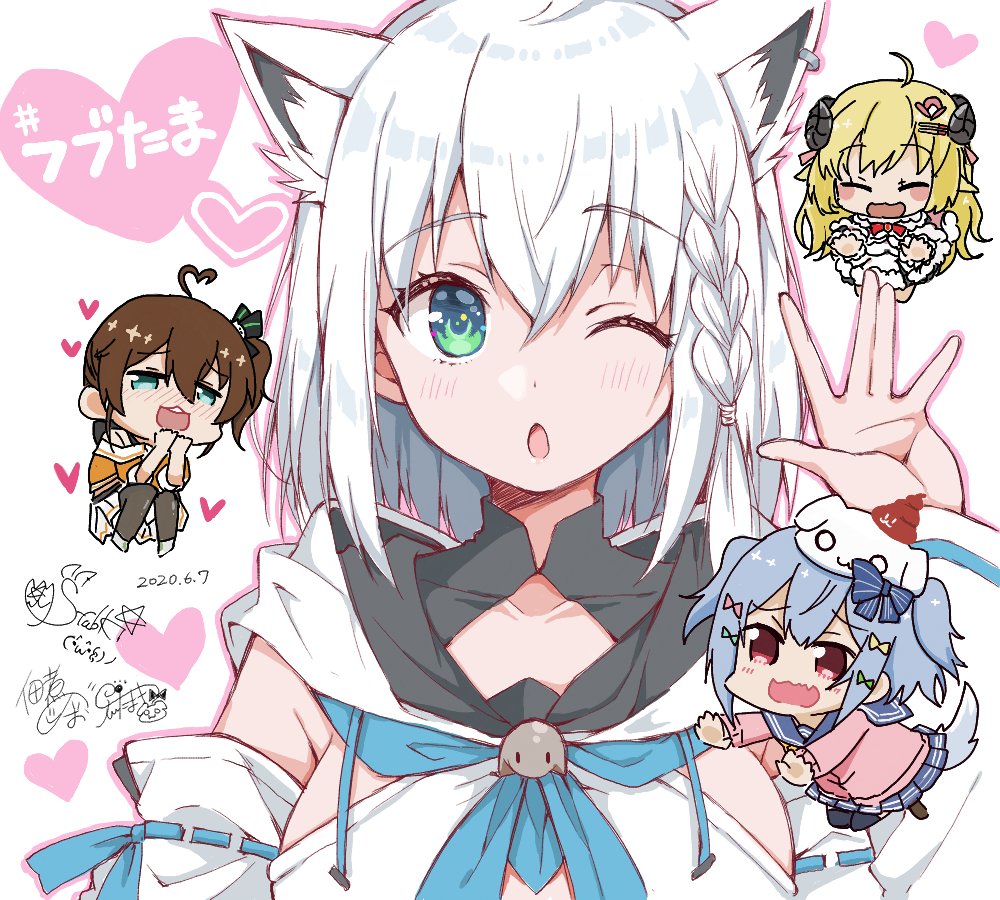 1boy 3girls ^_^ ^o^ ahoge animal_ears asymmetrical_hair black_legwear blonde_hair blue_bow blue_eyes blue_hair blue_skirt blush blush_stickers bow braid breasts brown_hair chibi closed_eyes collaboration commentary cropped_jacket crossdressing crossover dated detached_sleeves dog_hair_ornament dog_tail dress eyebrows_visible_through_hair eyelashes fang hair_between_eyes hair_bow hands_on_own_chin hands_together heart heart_ahoge hololive horns inuyama_tamaki jacket long_hair looking_at_viewer making-of_available medium_breasts medium_hair miniskirt multiple_girls natsuiro_matsuri noripro off-shoulder_jacket one_eye_closed open_mouth orange_jacket outline pantyhose pink_shirt pleated_skirt poop red_eyes sailor_collar school_uniform serafuku sheep_ears sheep_horns shirakami_fubuki shirakami_fubuki_(artist) shirt side_braid side_ponytail signature simple_background skirt smile solo_focus striped striped_bow tail thighhighs tsukudani_norio tsunomaki_watame twintails upper_body virtual_youtuber waving wavy_mouth white_background white_dress white_hair white_hoodie white_skirt