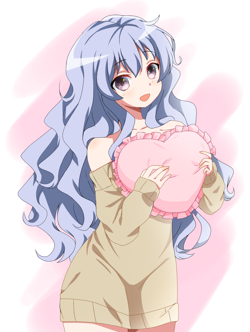 1girl artist_name beyblade beyblade:_burst blue_hair breasts chankyone character_name heart highres korean_text legs long_hair medium_breasts nishiro_nya open_eyes open_mouth pillow pillow_hug purple_eyes simple_background sweater