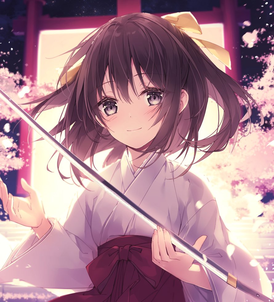 1girl bangs blurry blurry_background blush bow brown_hair closed_mouth commentary_request depth_of_field eyebrows_visible_through_hair female_saniwa_(touken_ranbu) grey_eyes hair_between_eyes hair_bow hakama japanese_clothes katana kimono long_hair long_sleeves looking_at_viewer miko mochizuki_shiina red_hakama saniwa_(touken_ranbu) smile solo sword touken_ranbu weapon white_kimono wide_sleeves yellow_bow