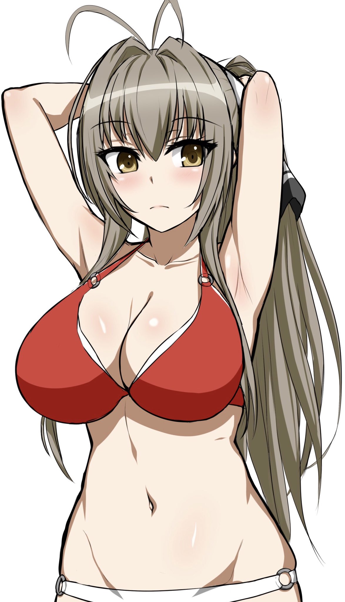 abukobato adjusting_hair amagi_brilliant_park antenna_hair armpits arms_behind_head bikini blonde_hair blush breasts brown_eyes cleavage cowboy_shot frown groin hair_between_eyes hair_ribbon highres large_breasts long_hair looking_at_viewer navel ponytail red_bikini ribbon sento_isuzu skindentation swimsuit