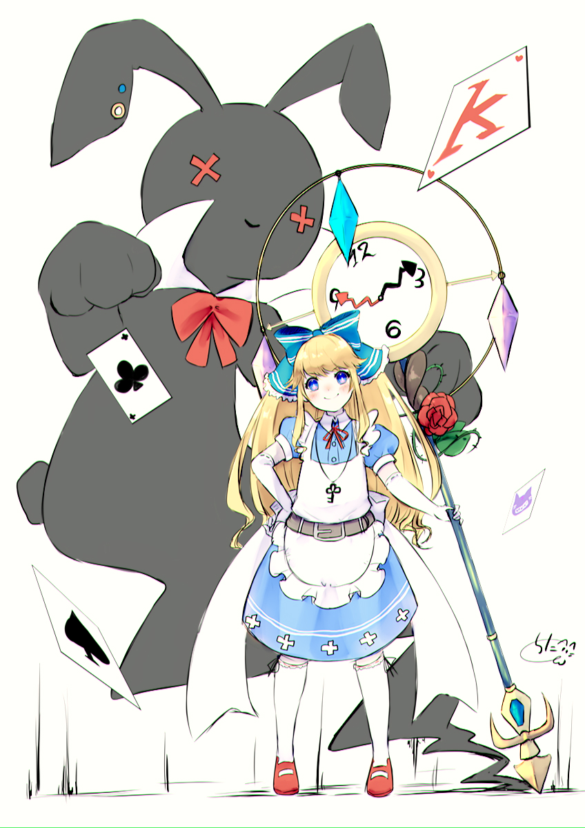 1girl alice_(wonderland) alice_in_wonderland apron blonde_hair blue_bow blue_dress blue_eyes bow card cheshire_cat chita_(ketchup) clock closed_mouth club_(shape) commentary_request crystal dress elbow_gloves flower frilled_apron frills gloves hair_bow head_tilt heart highres holding kneehighs long_hair mary_janes playing_card puffy_short_sleeves puffy_sleeves red_flower red_footwear red_rose rose shoes short_sleeves signature simple_background smile solo spade_(shape) standing stuffed_animal stuffed_bunny stuffed_toy very_long_hair white_apron white_background white_gloves white_legwear