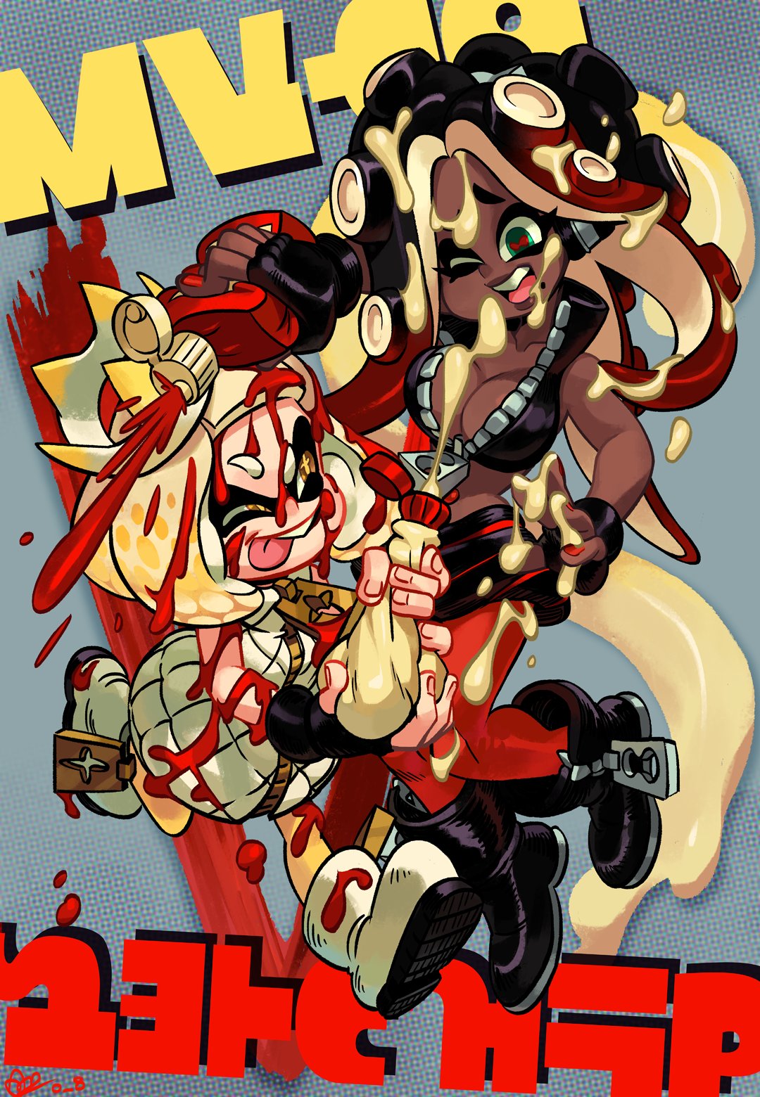 +_+ 2girls :p alex_ahad black_hair blonde_hair breasts brown_eyes cephalopod_eyes collared_vest commentary cropped_vest crown dark_skin english_commentary height_difference highres hime_(splatoon) iida_(splatoon) ketchup ketchup_bottle lips mayonnaise medium_breasts mole mole_under_mouth multicolored_hair multiple_girls nail_polish octarian one_eye_closed partially_unzipped pink_pupils red_hair red_nails short_hair splatoon_(series) splatoon_2 squirt_bottle squirting suction_cups suggestive_fluid tentacle_hair tongue tongue_out two-tone_hair vest zipper_pull_tab