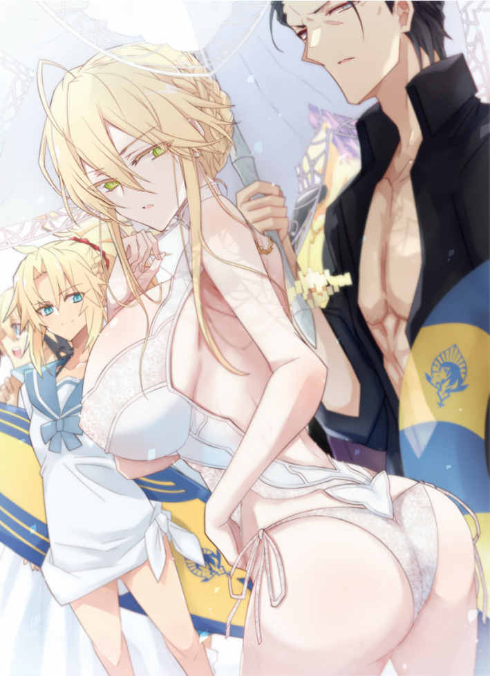 1boy 3girls agravain_(fate/grand_order) ahoge artoria_pendragon_(all) artoria_pendragon_(swimsuit_ruler)_(fate) ass bangs bare_shoulders black_hair blonde_hair blue_eyes braid breasts cleavage closed_mouth fate/grand_order fate_(series) french_braid gareth_(fate/grand_order) green_eyes grey_eyes hair_between_eyes hair_flaps highleg highleg_swimsuit holding_surfboard innertube large_breasts long_hair looking_at_viewer looking_to_the_side mordred_(fate)_(all) mordred_(swimsuit_rider)_(fate) multiple_girls nogi_(acclima) one-piece_swimsuit open_mouth parasol parted_bangs ponytail prydwen sailor_collar shirt short_hair sidelocks smile surfboard swimsuit thighs umbrella white_shirt white_swimsuit