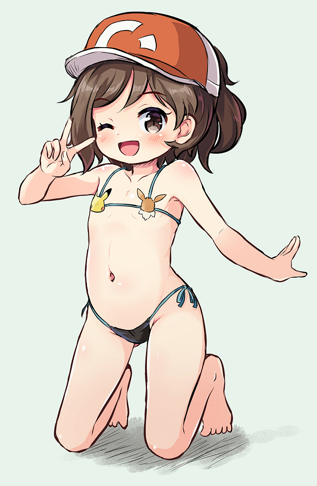 1girl ;d ayumi_(pokemon) bangs bare_arms bare_legs bare_shoulders barefoot baseball_cap bikini black_bikini blush brown_eyes brown_hair collarbone eevee eyebrows_visible_through_hair flat_chest full_body gen_1_pokemon green_background hand_up hat kneeling micro_bikini navel nekono_rin one_eye_closed open_mouth pikachu pokemon pokemon_(game) pokemon_lgpe red_headwear shadow side-tie_bikini smile solo swimsuit v