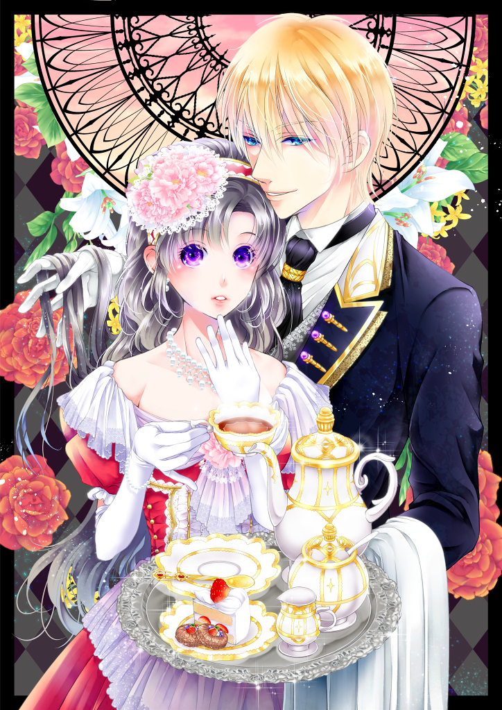 1boy 1girl argyle argyle_background black_hair black_neckwear blonde_hair blue_eyes cake cookie cup dress fantasy flower food gloves hair_flower hair_ornament hand_in_another's_hair hand_up holding holding_cup jewelry long_hair long_sleeves necklace plate purple_eyes slice_of_cake standing teacup teapot teaspoon tenma_ako tray white_gloves