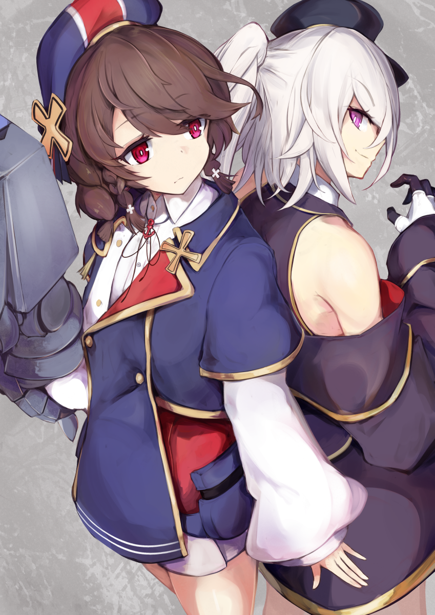 2girls azur_lane back-to-back bangs bare_shoulders beret black_jacket black_ribbon black_shirt blue_headwear blue_jacket braid brown_hair closed_mouth collared_jacket commentary_request cowboy_shot eyebrows_visible_through_hair gloves grey_background hair_between_eyes hand_up hat highres holding holding_turret iron_cross jacket long_sleeves looking_at_another looking_to_the_side marshall_k multiple_girls neck_ribbon off-shoulder_jacket one_side_up ponytail purple_eyes red_eyes retrofit_(azur_lane) ribbon shirt short_braid short_hair sidelocks simple_background sleeveless sleeveless_shirt smile standing striped striped_headwear swept_bangs turret twin_braids two-tone_gloves white_gloves white_hair white_shirt z1_leberecht_maass_(azur_lane) z2_georg_thiele_(azur_lane)