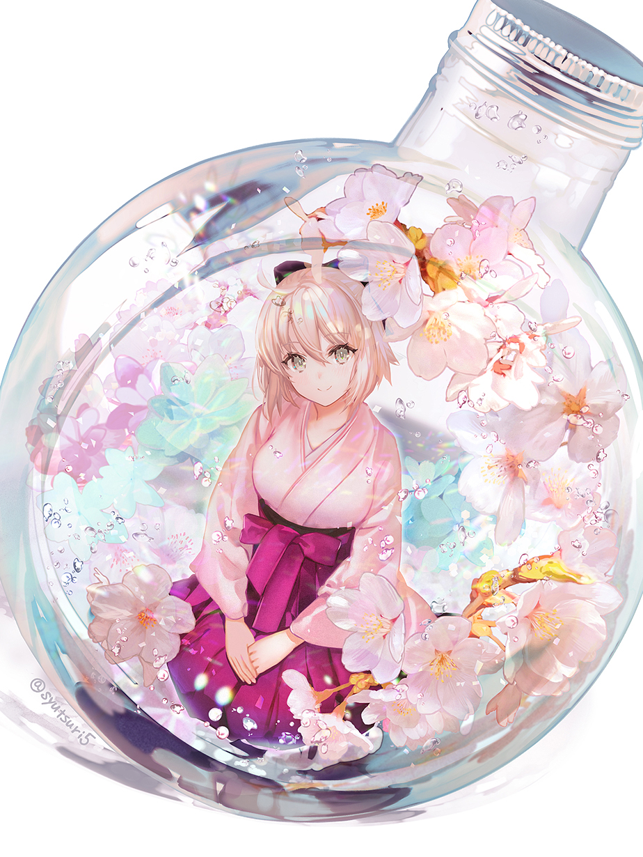 1girl ahoge air_bubble bangs black_bow blonde_hair blush bow brown_eyes bubble cherry_blossoms closed_mouth eyebrows_visible_through_hair fate_(series) flower hair_bow hakama highres in_container japanese_clothes kimono koha-ace long_sleeves looking_at_viewer okita_souji_(fate) okita_souji_(fate)_(all) own_hands_together pink_flower pink_kimono purple_hakama round-bottom_flask short_hair shutsuri sitting smile solo twitter_username wide_sleeves