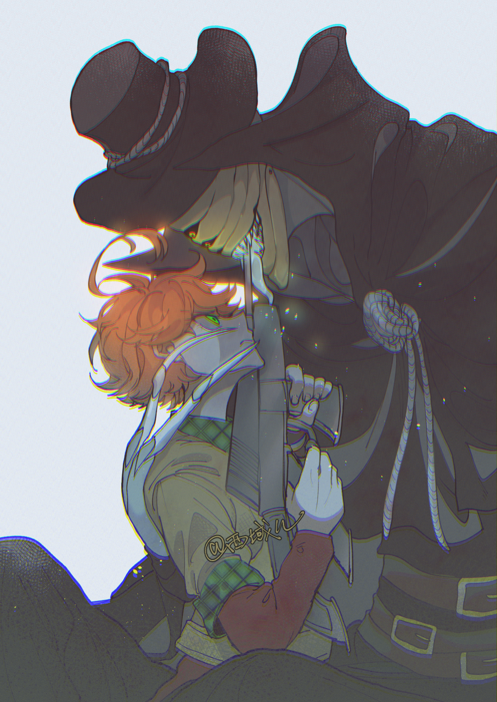 1boy 1girl ahoge angry artist_name belt belt_buckle black_coat black_headwear brown_belt buckle chromatic_aberration closed_mouth coat collar collared_shirt demon emma_(yakusoku_no_neverland) face-to-face from_side green_eyes grey_background gun gun_in_mouth hat highres holding holding_gun holding_weapon leuvis_(yakusoku_no_neverland) looking_at_another monster open_mouth orange_hair red_sleeves shadow shirt short_hair simple_background smile teeth upper_body weapon xi_yuu yakusoku_no_neverland yellow_eyes yellow_sclera