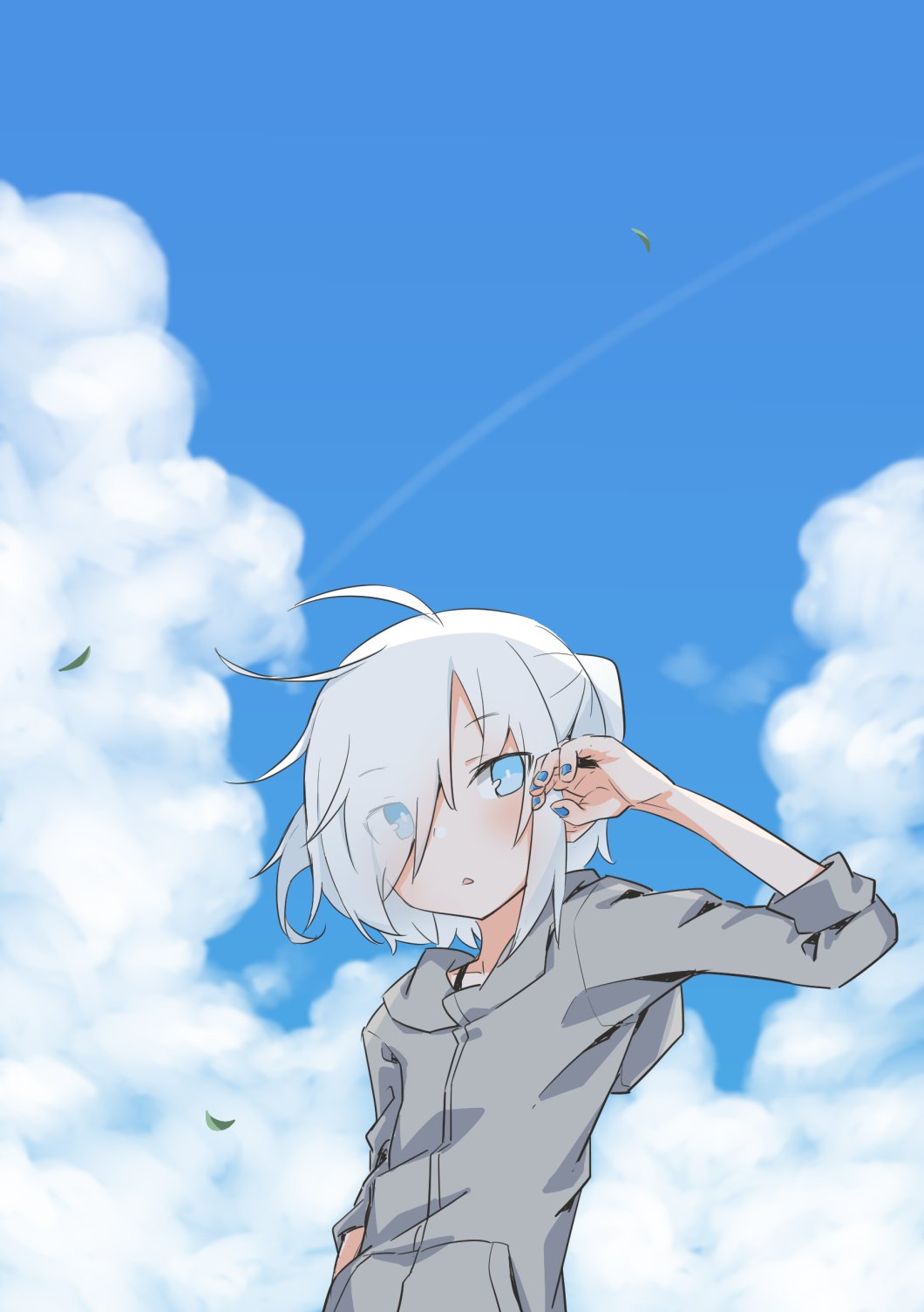 1girl blue_eyes blue_nails blue_sky borrowed_character cloud elf highres hood hoodie leaf nail_polish nowareno_(higashi_shino) open_mouth original pointy_ears raigou sky white_hair