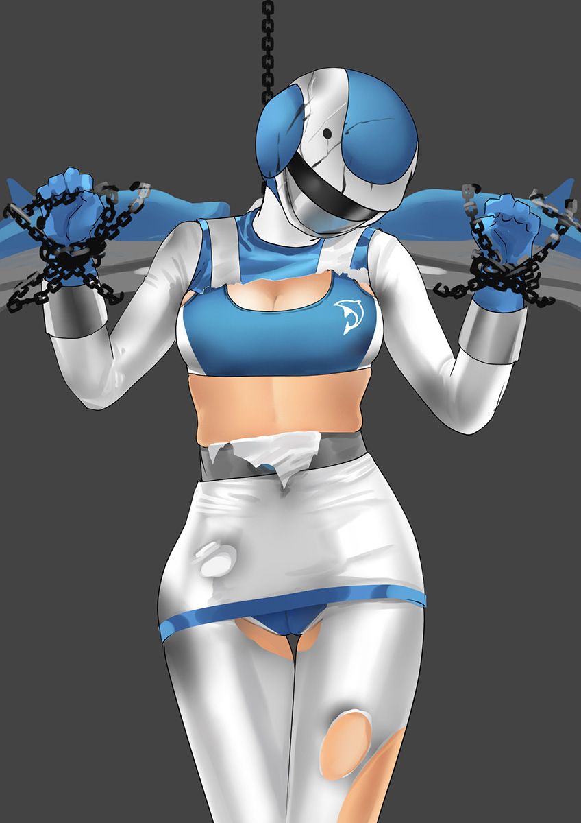 1girl belt blue_dolphin bodysuit bra breasts chain chained choujuu_sentai_liveman cleavage dolphin gloves helmet highres mugyaclan pantyhose sentai simple_background solo tokusatsu torn_clothes torn_legwear underwear