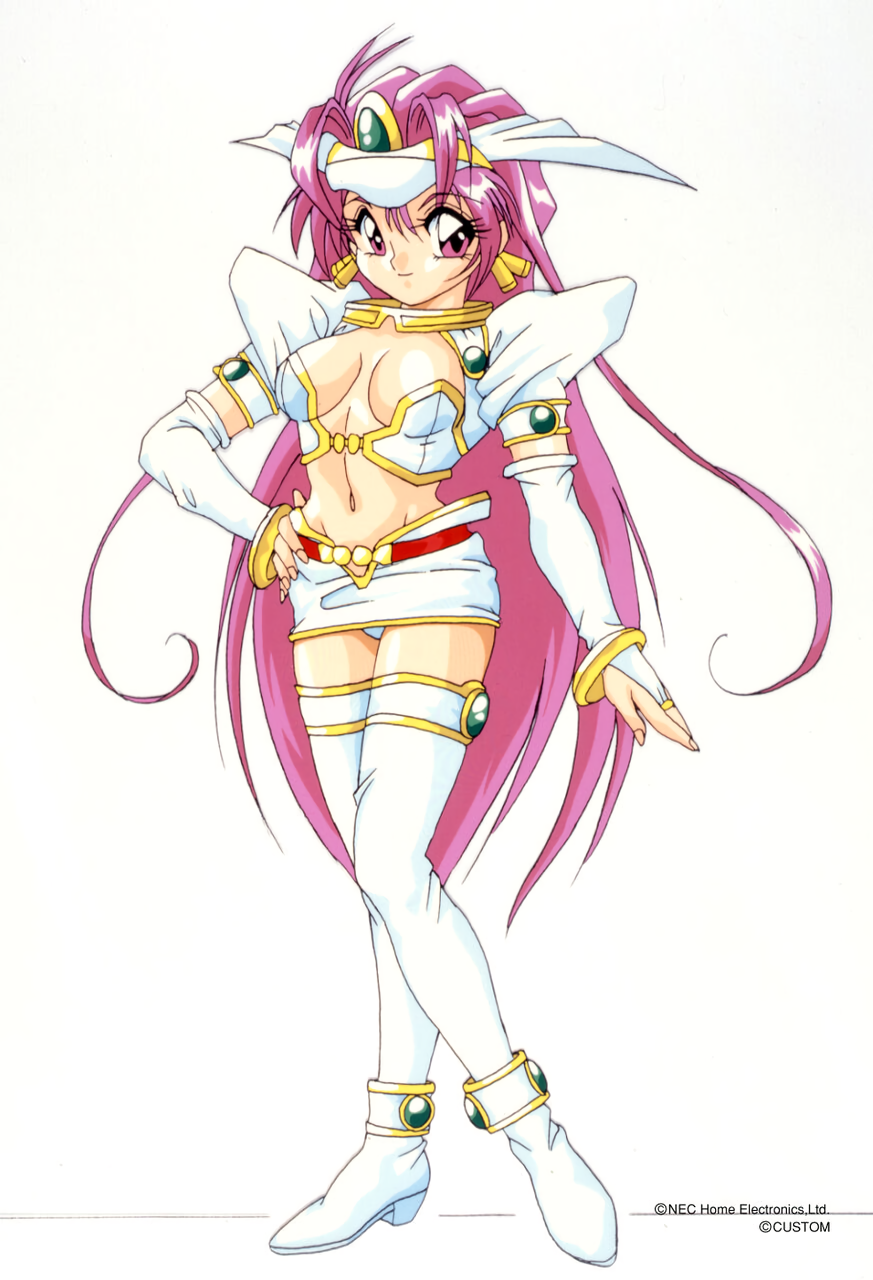 1990s_(style) 1girl alina_(chip-chan_kick!) boots bridal_gauntlets chip-chan_kick! copyright copyright_name earrings hand_on_hip highres jewelry long_hair looking_at_viewer navel official_art pink_eyes pink_hair simple_background solo standing thigh_boots thighhighs very_long_hair white_background white_legwear yanagi_hirohiko