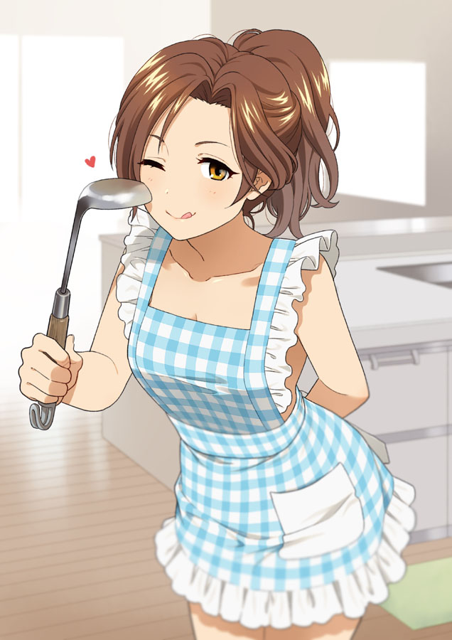 1girl ;q apron arm_behind_back bangs bare_arms bare_shoulders blush breasts brown_eyes brown_hair cleavage closed_mouth collarbone frilled_apron frills holding idolmaster idolmaster_cinderella_girls indoors kawashima_mizuki ladle mattaku_mousuke medium_breasts naked_apron one_eye_closed parted_bangs plaid plaid_apron ponytail smile solo tongue tongue_out wooden_floor
